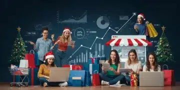 People engaging in online shopping during the holiday season with festive decorations and growth charts.