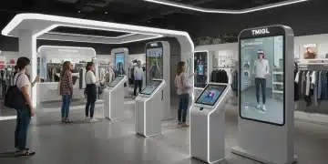 Customers engaging with augmented reality in a modern retail store environment