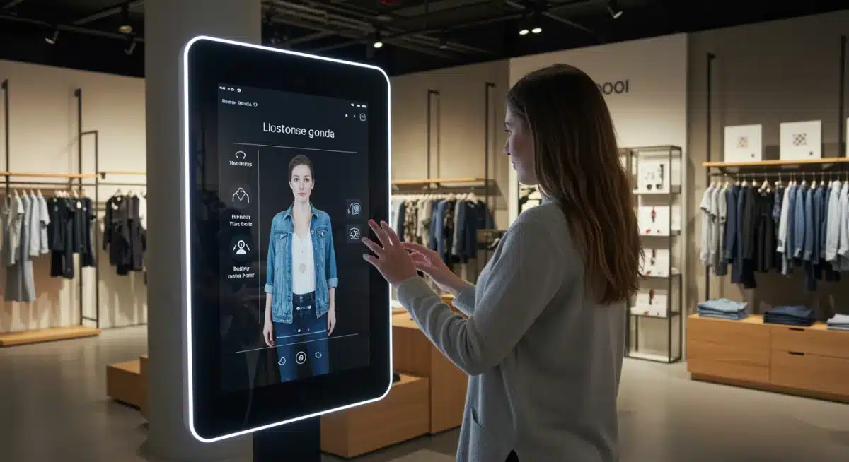Customer using an augmented reality mirror for virtual try-on in a modern retail store.