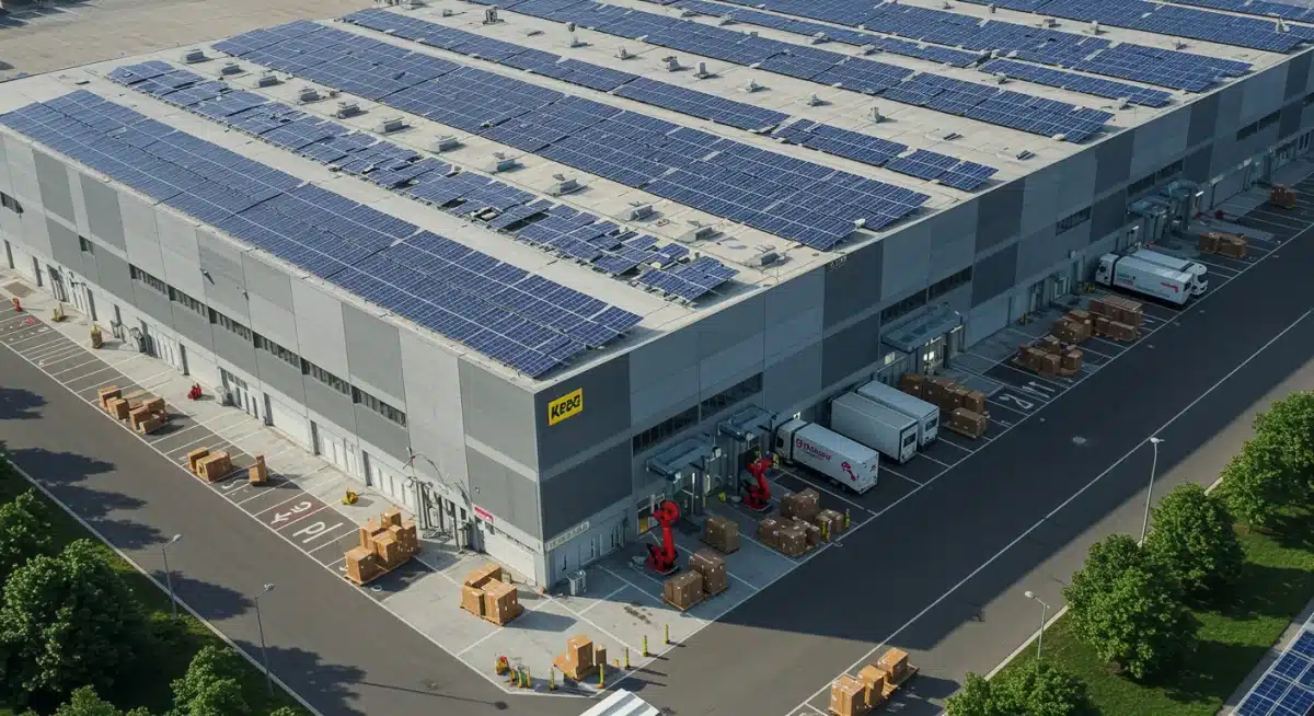 Automated warehouse with robotics and sustainable practices, illustrating advanced inventory management in retail.