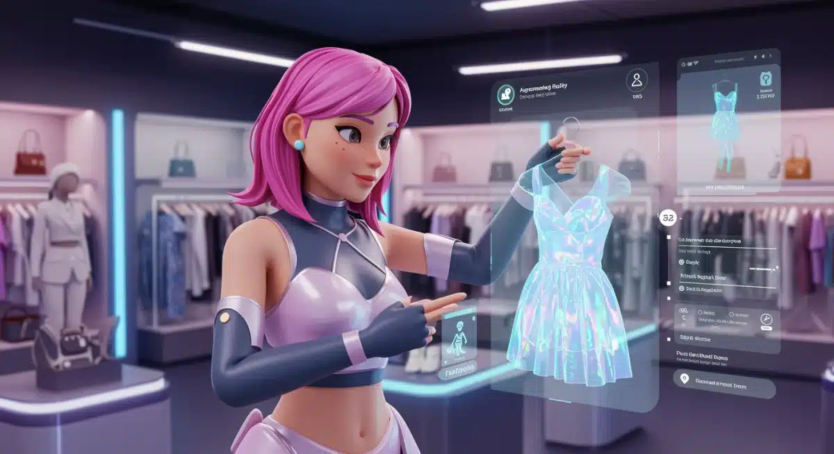 Avatar trying on virtual clothes in a metaverse retail store.