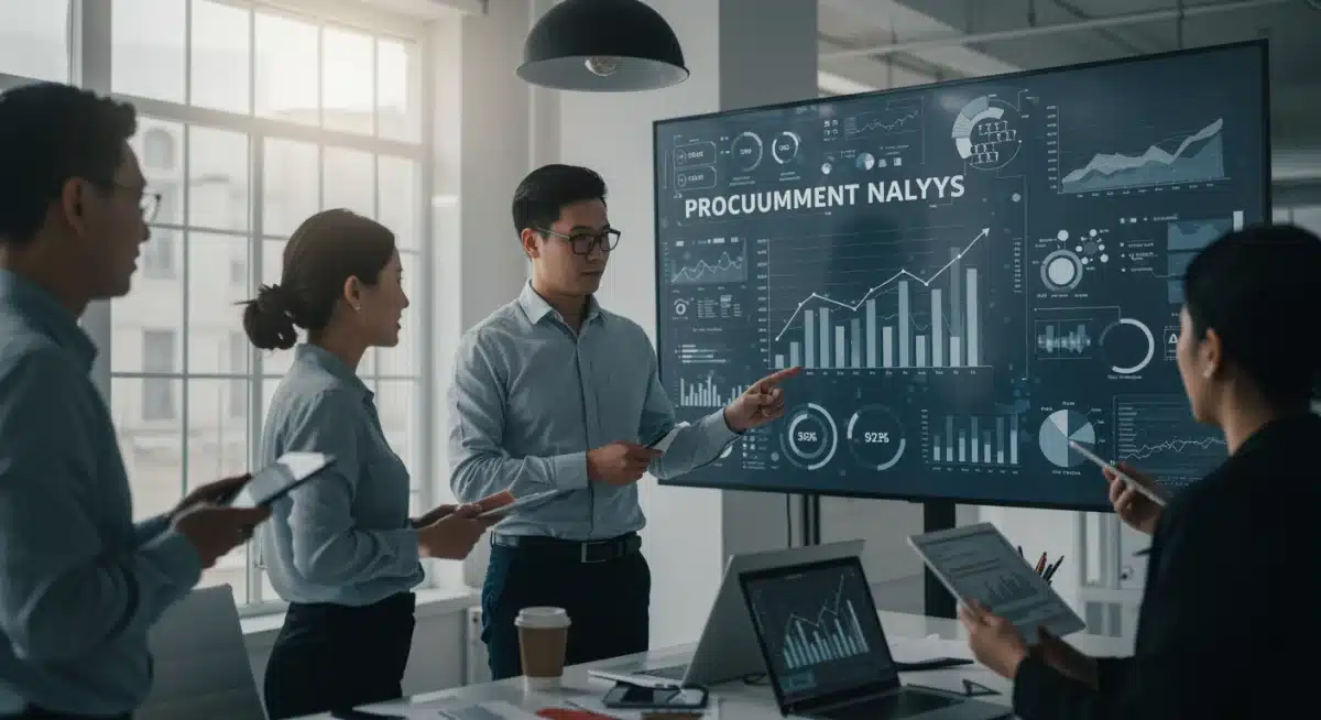 Business professionals analyzing B2B procurement data on a large screen