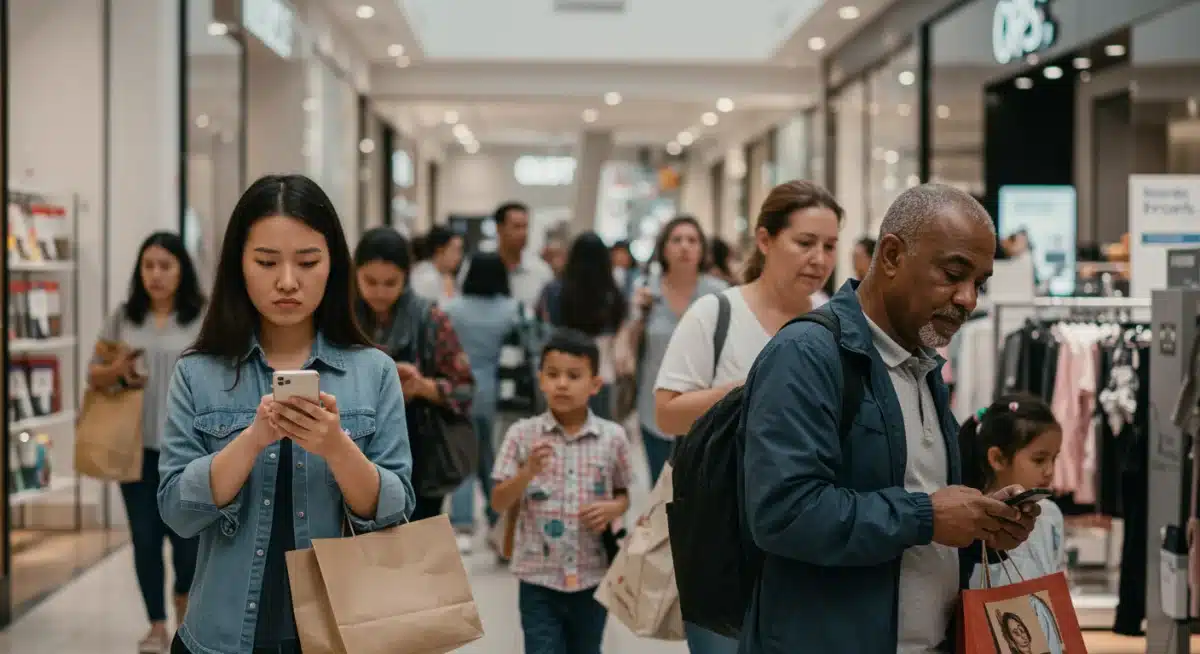 Consumers showing cautious behavior in a shopping environment.