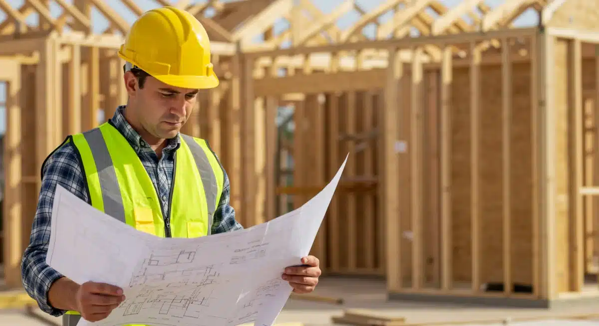 Construction worker reviewing blueprints on a new home build site