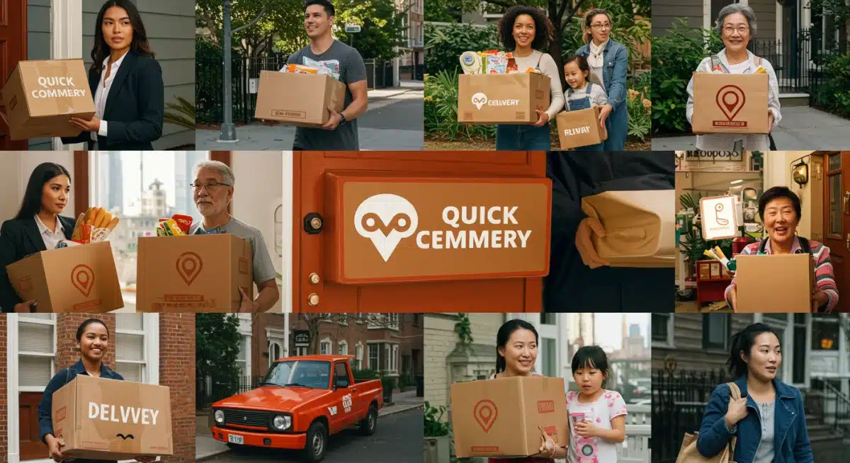 Diverse consumers receiving quick commerce deliveries at their homes and offices.