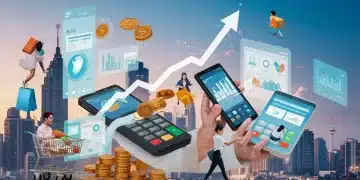 Dynamic visual representing robust consumer spending and economic growth in 2025, with shoppers and upward trend lines.