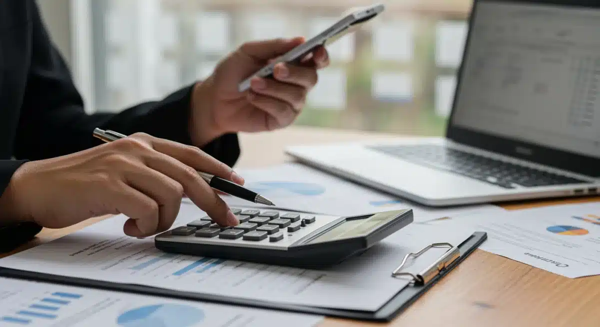 Hand using calculator to analyze business costs