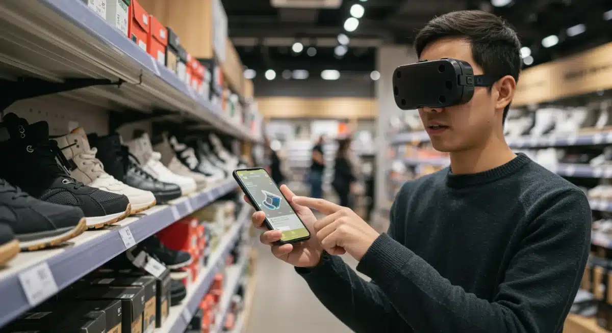 Customer interacting with augmented reality in a retail store.