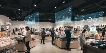 Futuristic retail store with holographic data displays showing sales insights and customer behavior