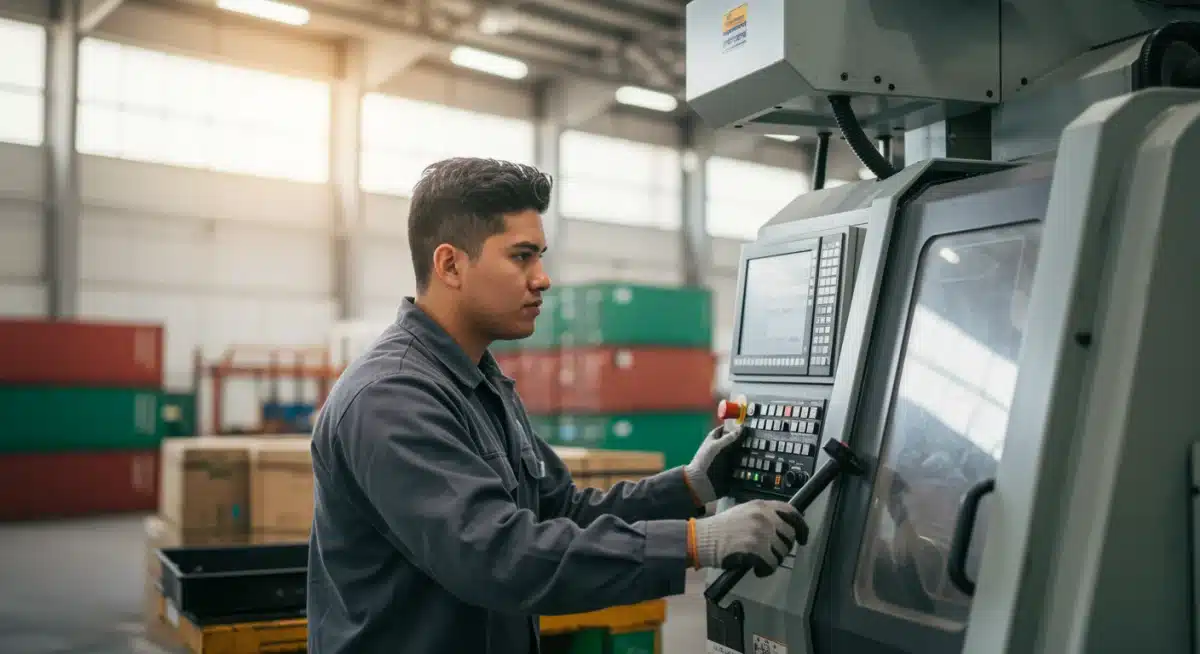 Factory worker inspecting products on an assembly line, representing domestic manufacturing and job growth.