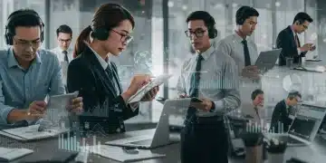 Diverse professionals navigating a dynamic digital labor market with data visualizations.