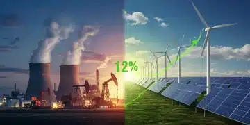 Dynamic visual illustrating the 2025 energy sector with fossil fuels and growing renewable energy, symbolizing volatility and a 12% shift.