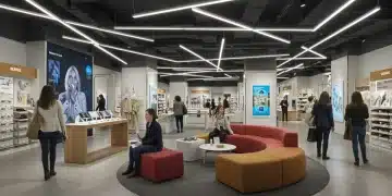 Modern experiential retail store with interactive displays and engaged customers