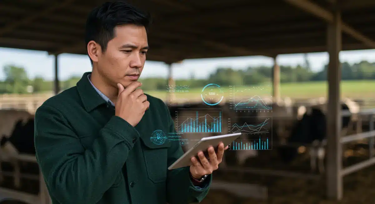 Farmer analyzing economic data on a tablet, modern farm technology
