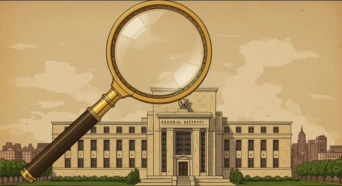 Federal Reserve building under a magnifying glass, representing monetary policy analysis.