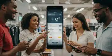 Futuristic digital loyalty program interface on a smartphone screen, showing personalized rewards and customer engagement data for US retailers.
