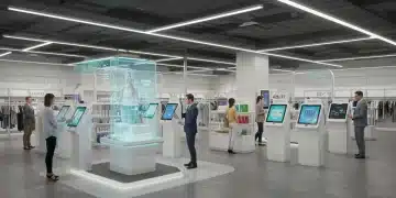 Top 5 Retail Tech Trends Shaping 2025 US Market: A Deep Dive Futuristic retail store with AI kiosks and holographic displays