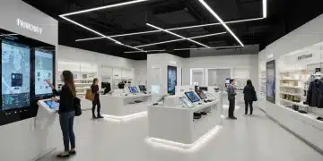 Future of Physical Stores: 4 Design Innovations for US Retail 2025 Futuristic retail store interior with interactive digital displays and elegant design elements.