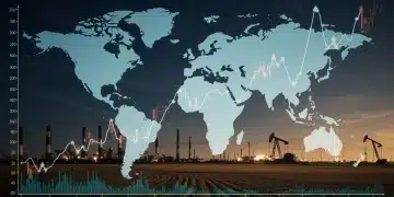 Global map showing interconnected geopolitical events influencing US commodity prices with economic graphs