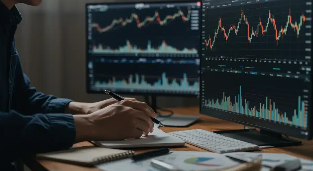 Investor analyzing market charts and financial data for strategic decisions