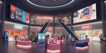 Metaverse Retail: Early Adopter Strategies for US Brands in 2025 Futuristic virtual shopping mall with avatars and US brand logos in the metaverse.