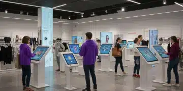 Reshaping In-Store Experiences: Digital Tools Driving US Retail Foot Traffic Modern retail store with digital displays and shoppers using interactive technology.