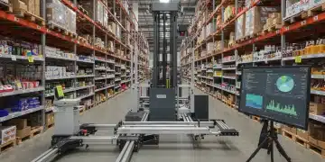 Modern retail warehouse with automated inventory management system and digital data display