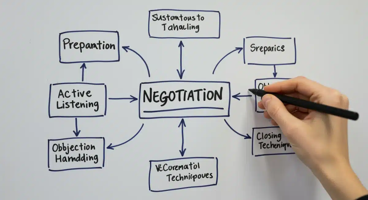 Negotiation strategy flowchart detailing preparation, listening, and closing techniques