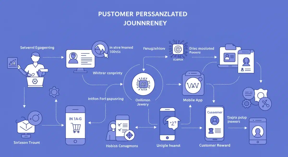 Illustration of a personalized customer journey map with data points and AI integration, showcasing tailored rewards.