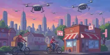 Quick commerce delivery vehicles navigating a modern city street with a traditional retail store in the background.