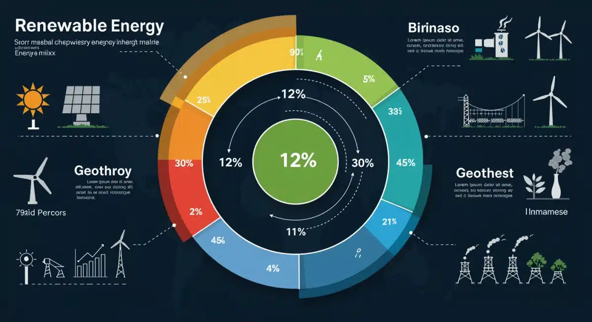 Infographic detailing the 12% shift towards renewable energy in 2025, showing contributions from solar, wind, hydro, and other green sources.