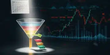 Illustrated sales funnel with growth metrics and a calendar, symbolizing efficiency targets.