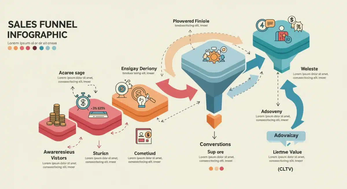 Infographic showing sales funnel stages: awareness, interest, consideration, intent, evaluation, purchase, and advocacy.