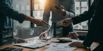 Team analyzing sales ROI data on a dashboard, proving strategy effectiveness