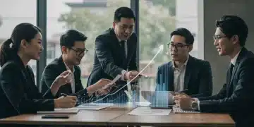 Sales team analyzing performance data on a screen, planning for 2025 growth