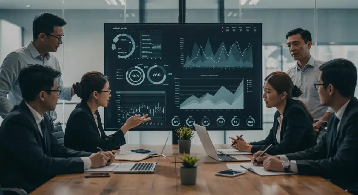 Sales team collaborating on market projections and strategic decisions