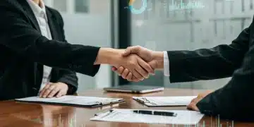 Two business professionals shaking hands over a successful negotiation, symbolizing 5% better deal terms