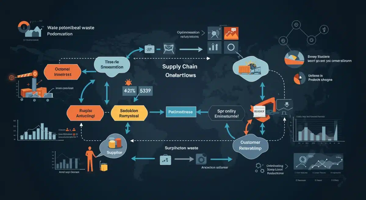 Supply chain optimization diagram showing waste reduction points and data analytics