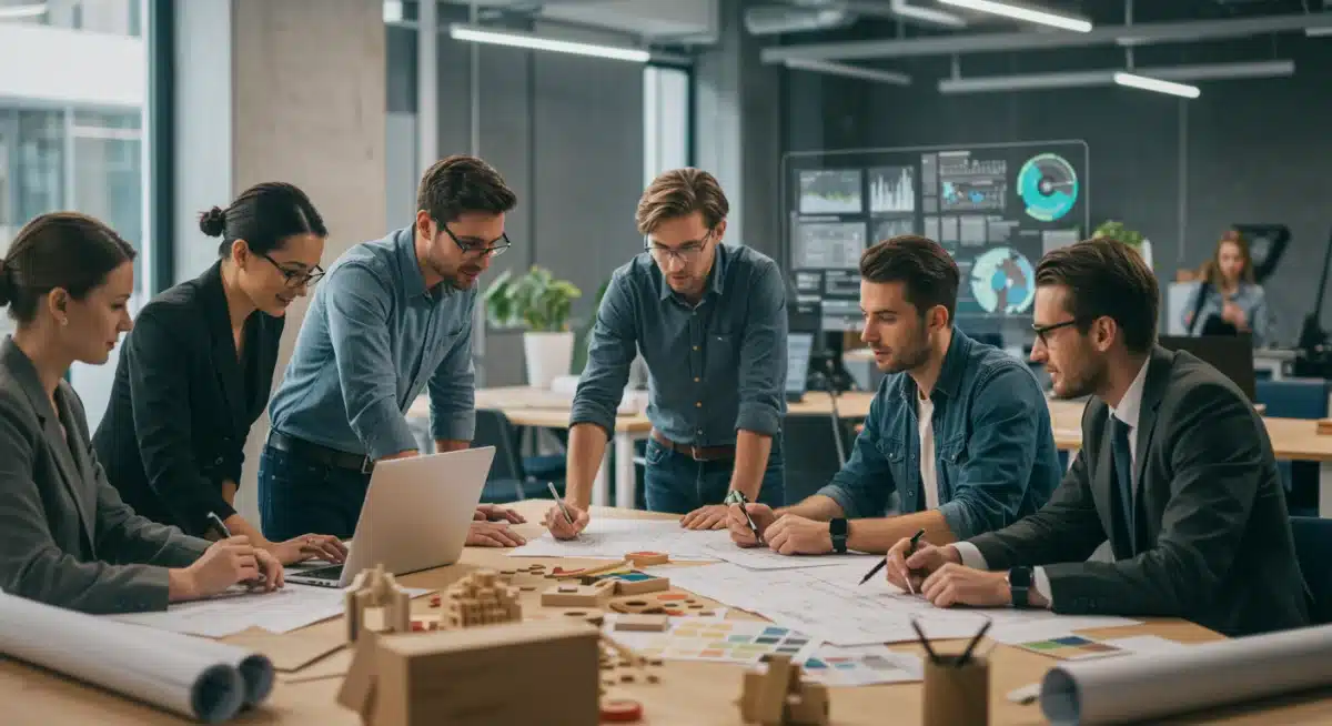 Professionals collaborating on sustainable product innovation and development