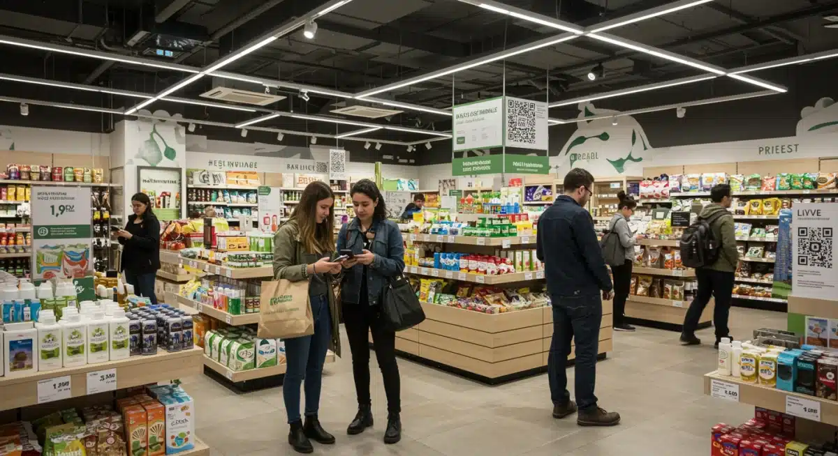 Modern retail store focusing on sustainable products, with Gen Z shoppers using mobile devices for information and engagement