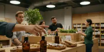 Shoppers interacting with sustainable products in a modern US retail store.