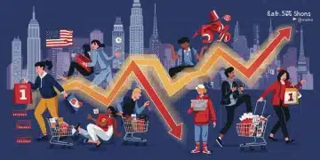 Illustration of diverse US consumers, economic data charts, and a 5% purchasing power fluctuation indicator.