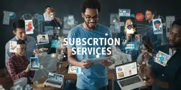 Diverse US consumers interacting with digital subscription services on various devices, illustrating market growth.