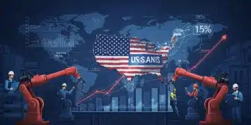 Modern U.S. manufacturing facility with robots and growth charts