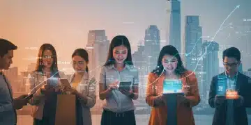 US E-commerce Growth: Mobile Commerce to Surge 20% by 2025 People shopping on mobile devices, illustrating the e-commerce growth in the US.