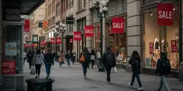 Downtown street with shoppers reflecting on changing US retail foot traffic trends