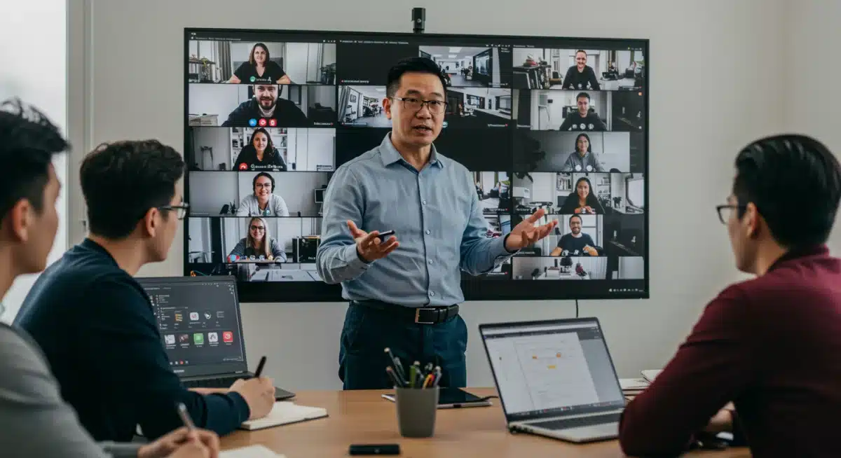 Sales manager conducting virtual training for remote sales team, emphasizing continuous learning