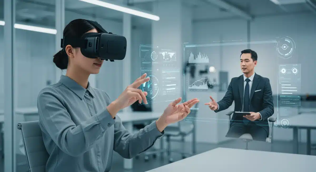 Salesperson using VR for immersive sales training simulation